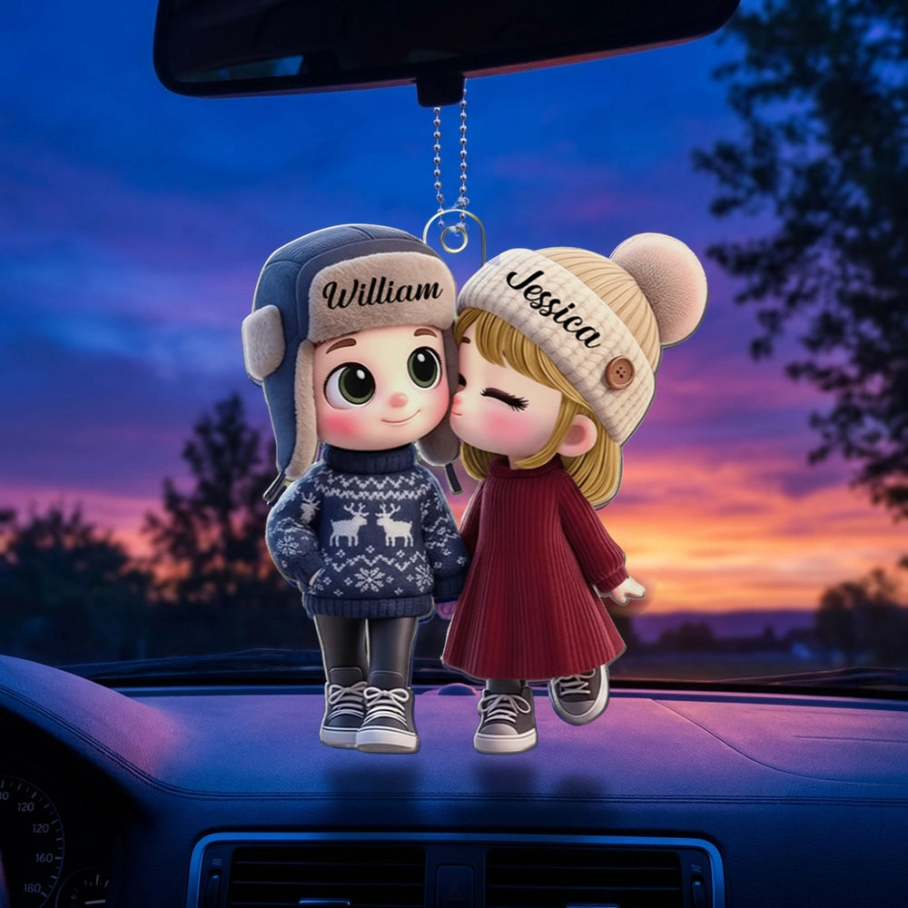Personalized Acrylic Car Hanger Cute Cartoon Kissing Couple in Winter Hats, Unique Romantic Gift for Husband or Wife