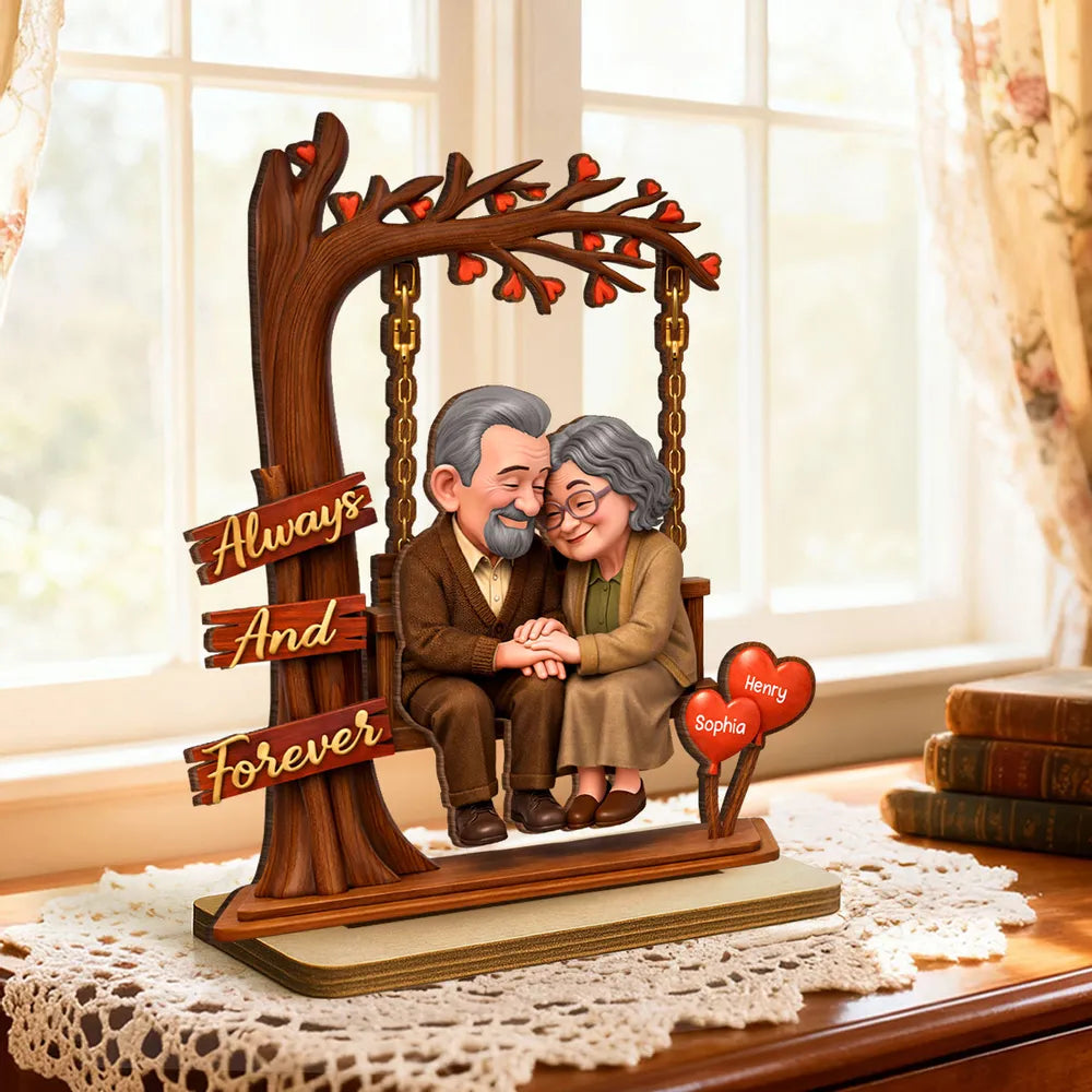 Personalized 2-Layer Wooden Plaque with Elderly Couple Holding Hands Under Heart Tree, Always And Forever Unique Gift