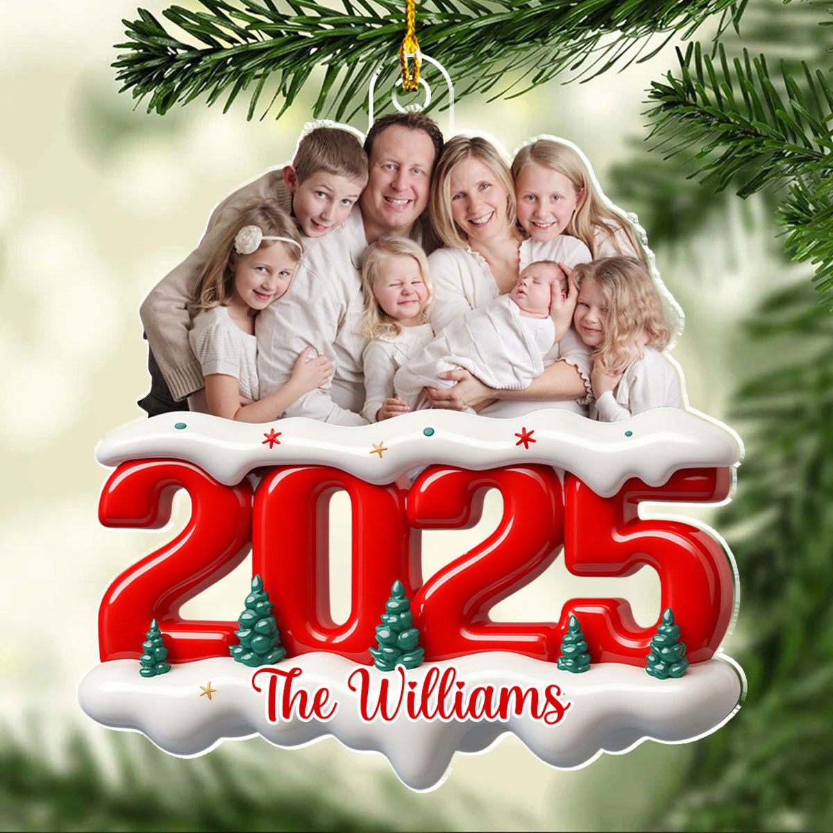 Acrylic Ornament with Custom Photo, Snowy Red Number for Christmas Tree Decor — a unique gift for family or parents