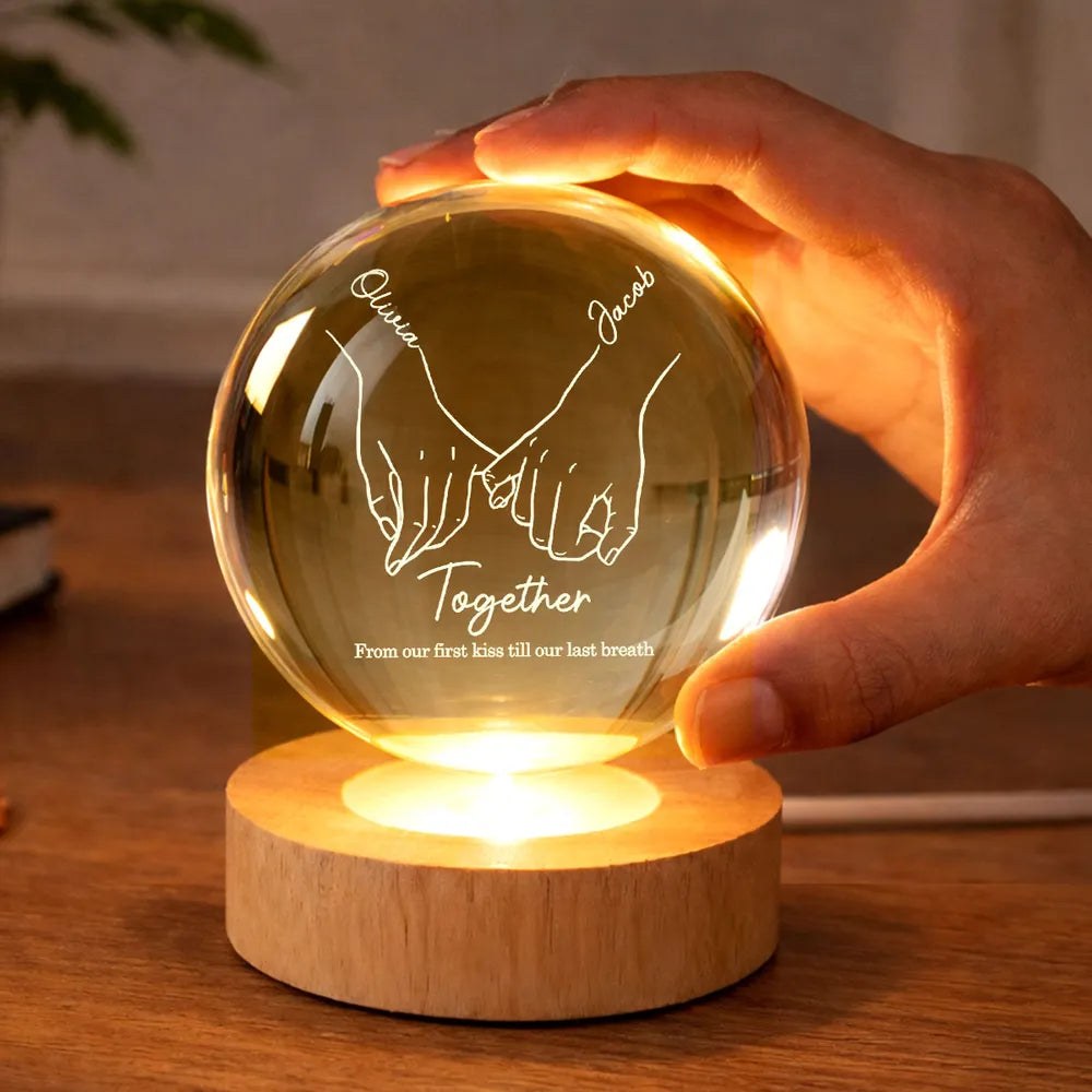 Personalized Globe Lamp with Interlocked Hands Quote Nightstand Decor, Unique Romantic Gift for Couples