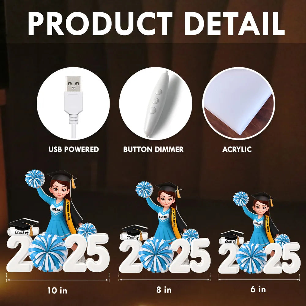 Personalized Acrylic Light Box Graduation Décor with Cheerleader Design & Warm Glow – Unique Gift for Class of Grad