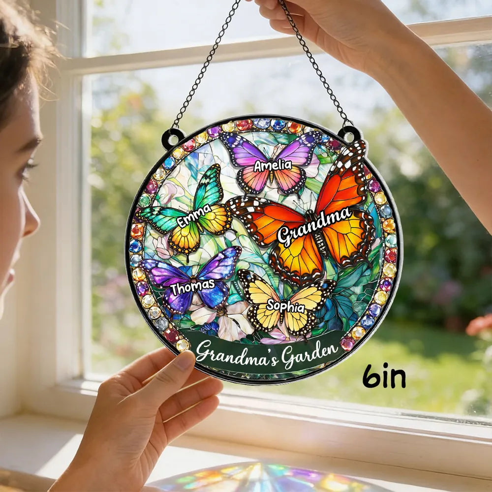 Personalized Butterfly Acrylic Suncatcher Ornament for Grandma's Window, Stained Glass Style Sunlight Reflection, Unique Gift