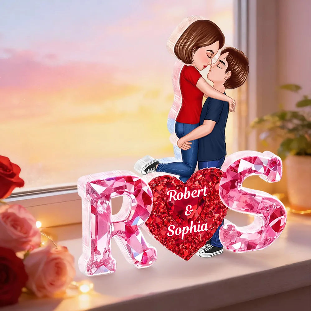 Personalized Shaped Acrylic Block Plaque With Couple Kissing Above Heart Initials, Unique Romantic Gift for Her or Him