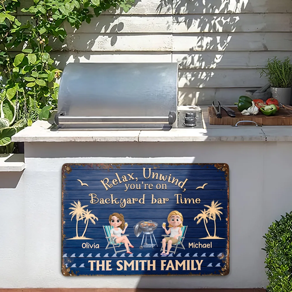Personalized Patio Time Rectangular Iron Sign with Relax, Unwind Quote, Couple by the Grill, Unique Outdoor Gift