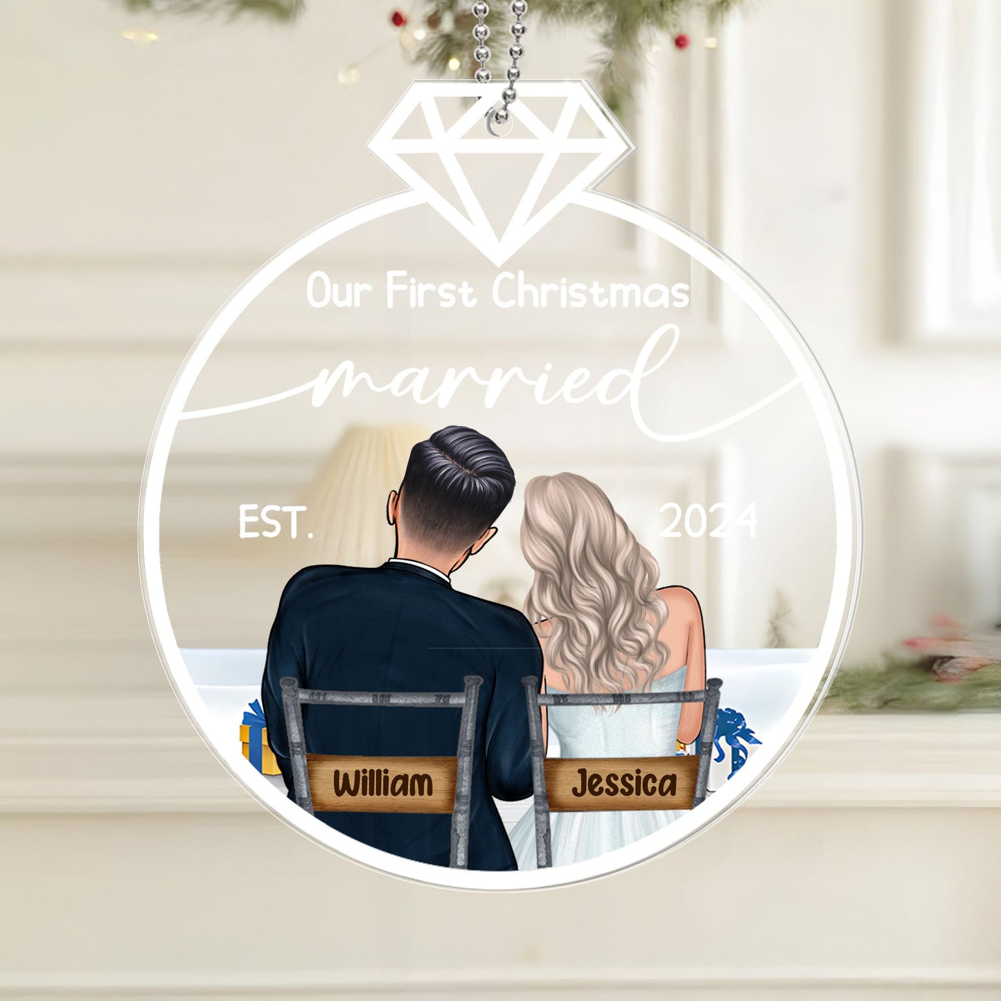 Our First Christmas Married Ornament – Personalized Acrylic Ornament with Romantic Couple Back Design