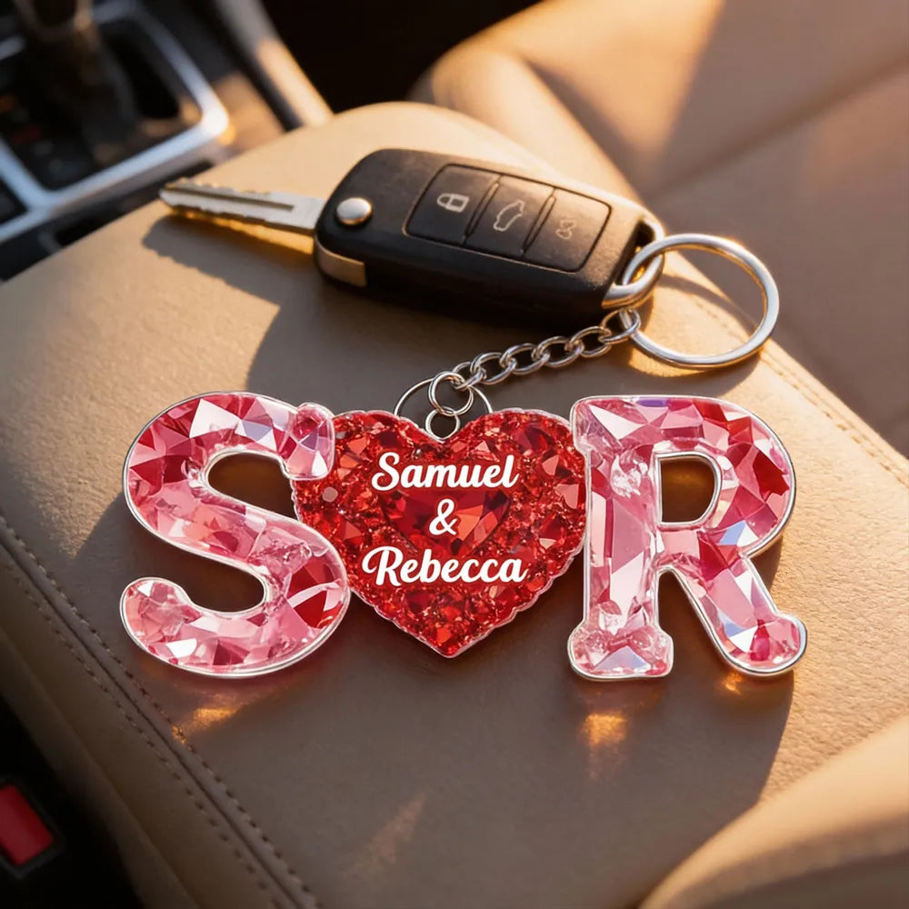Personalized Heart Keychain with Initials and Names, Romantic Red Sparkle Anniversary Gift for Couples