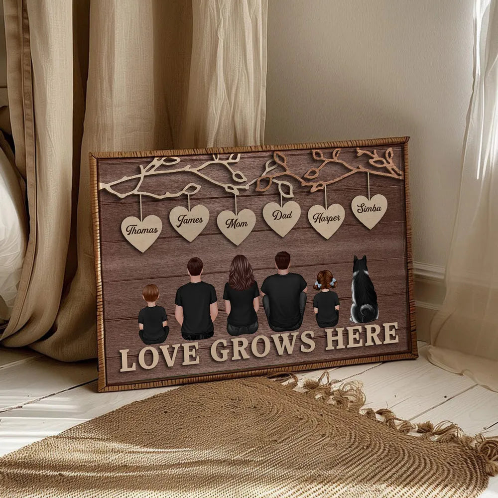 Personalized Family Tree Poster with Heart Name Tags, Rustic Wood Look Wall Art, Unique Gift for Mom Dad & Family