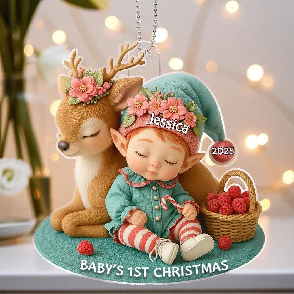 Acrylic Ornament – “Baby’s 1st Christmas” Deer-&-Elf Keepsake