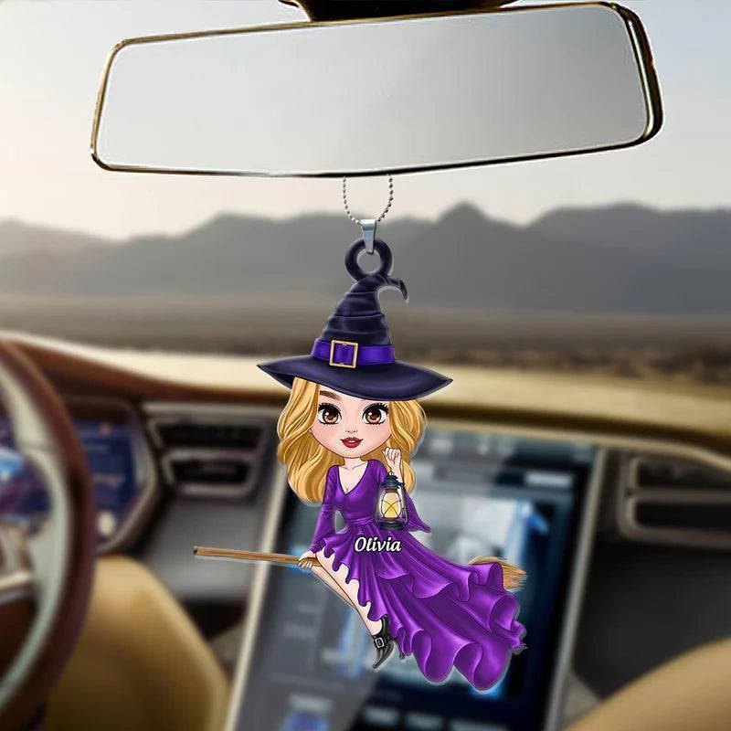 Car Ornament - Witch Riding Broom - Personalized Halloween Gift