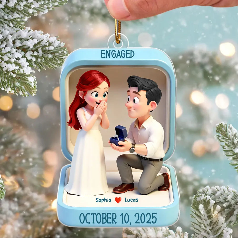 Engaged Proposal Scene Acrylic Ornament, Cute Cartoon Couple Ring Moment, Unique Gift for Couples