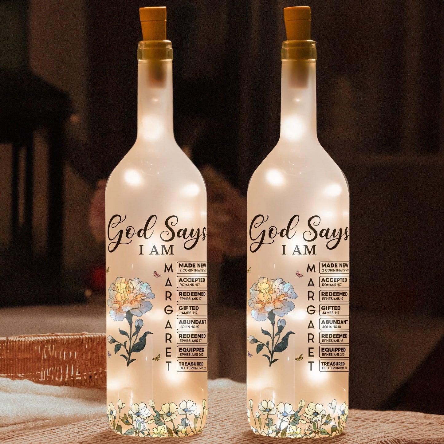 Faith-Inspired Bottle Lamp with Floral Scripture Design – Perfect Gift for Spiritual Home Décor
