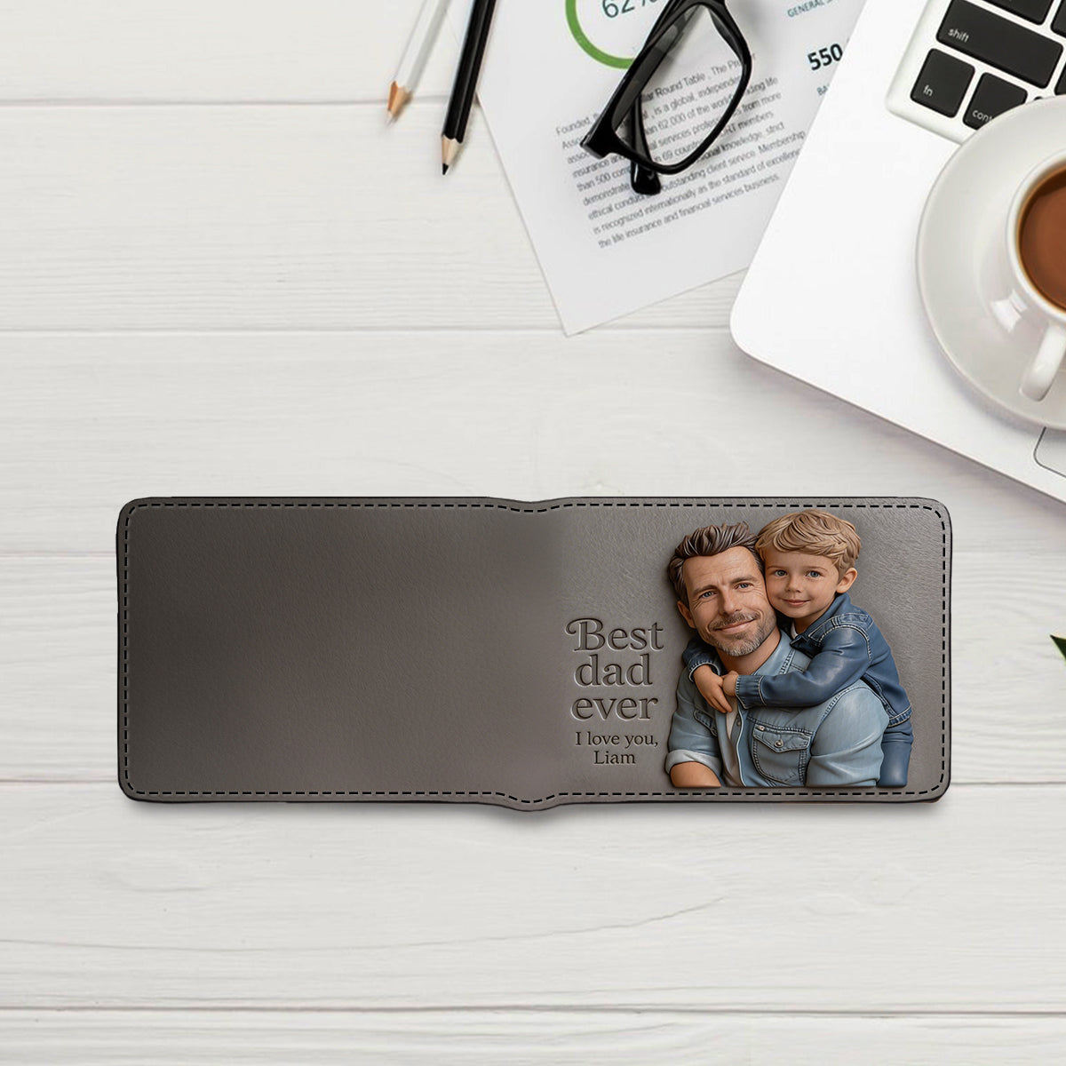 Custom 3D Photo Embossed Leather Wallet for Black Dad- Personalized Best Dad Ever Bi-fold Wallet, Custom Father's Day Gift