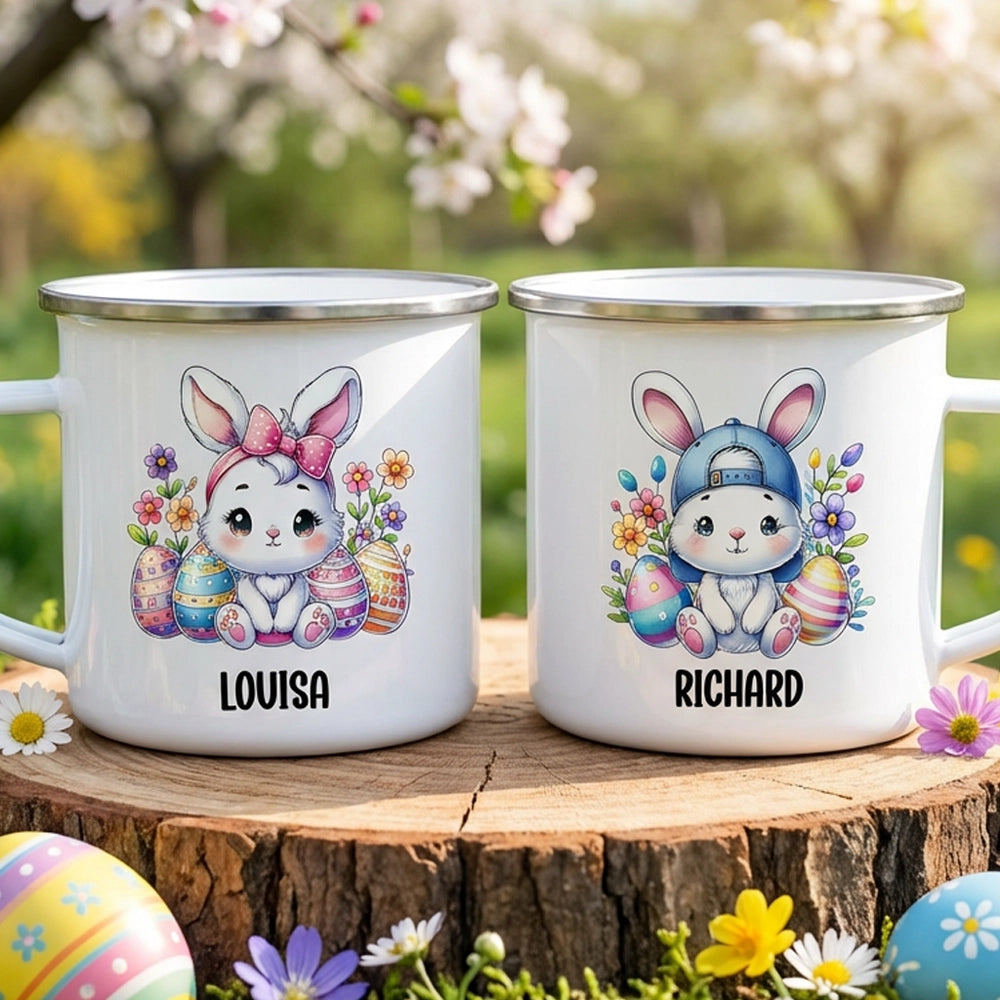 Watercolor Bunny Enamel Mug, Personalized Name Keepsake for Cozy Sips, Adorable Easter Season Gift for Family