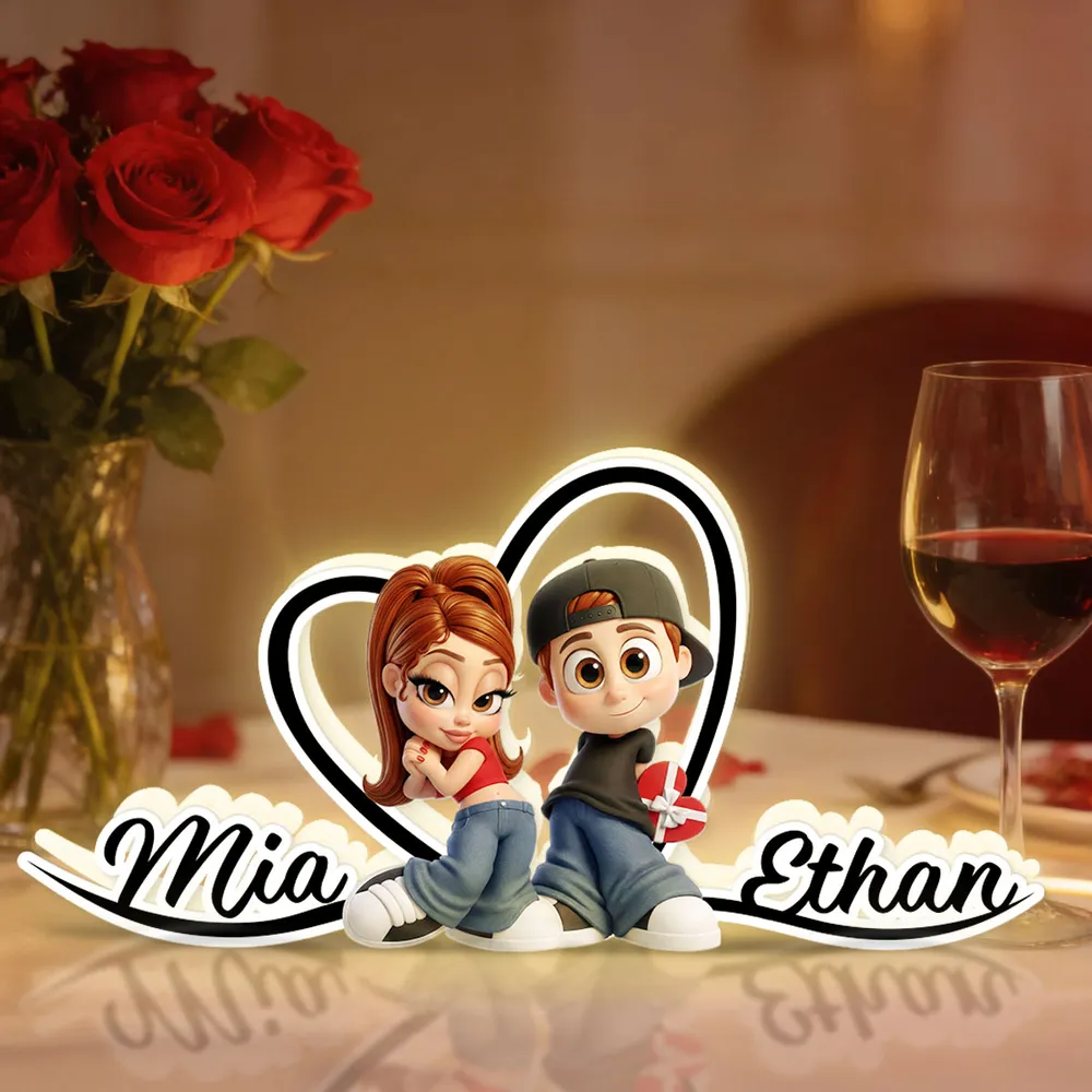 Personalized Couple Acrylic Light Box with Glowing Heart - Cute Cartoon Keepsake Nightstand Decor, Unique Gift for Couples