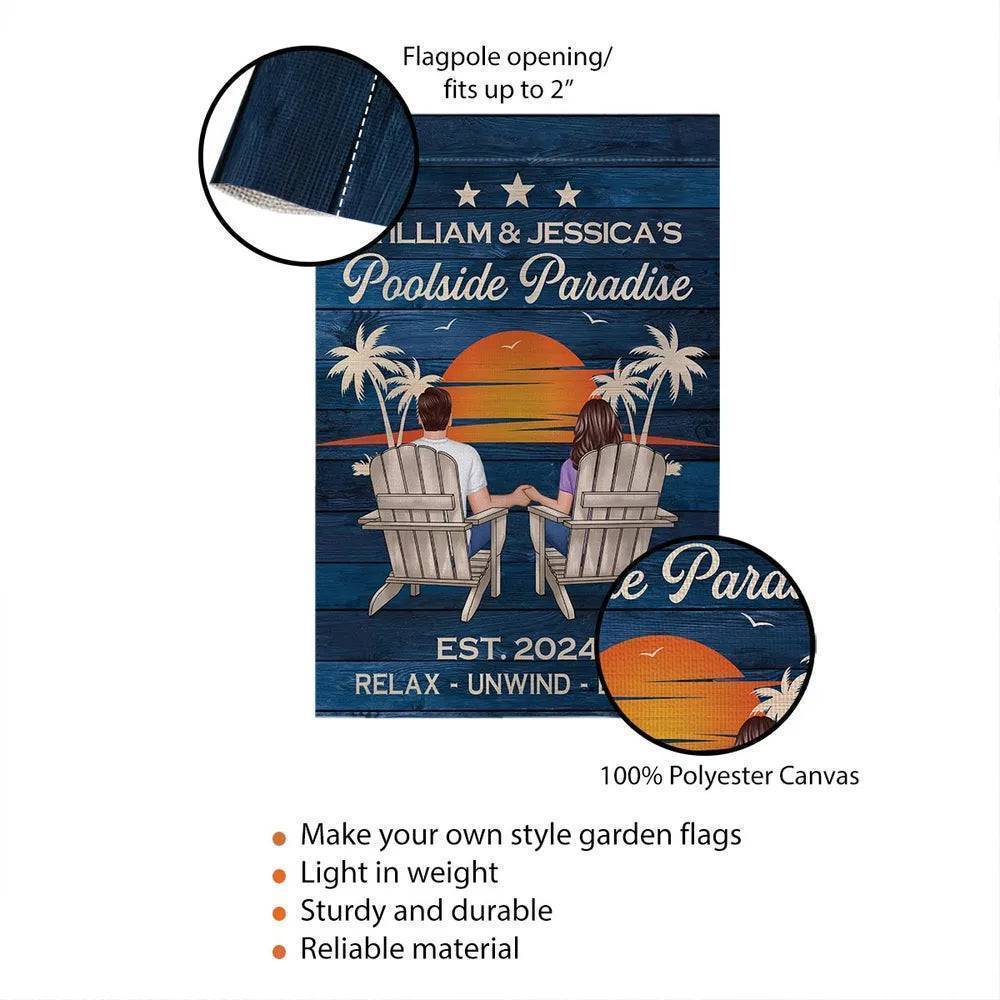 Relaxing Poolside Paradise Decor with Optional Flag Background Couple Sitting Personalized Flag, Sign, Vase - Perfect for Garden, Housewarming, Birthday, Anniversary Gift for Him, Her
