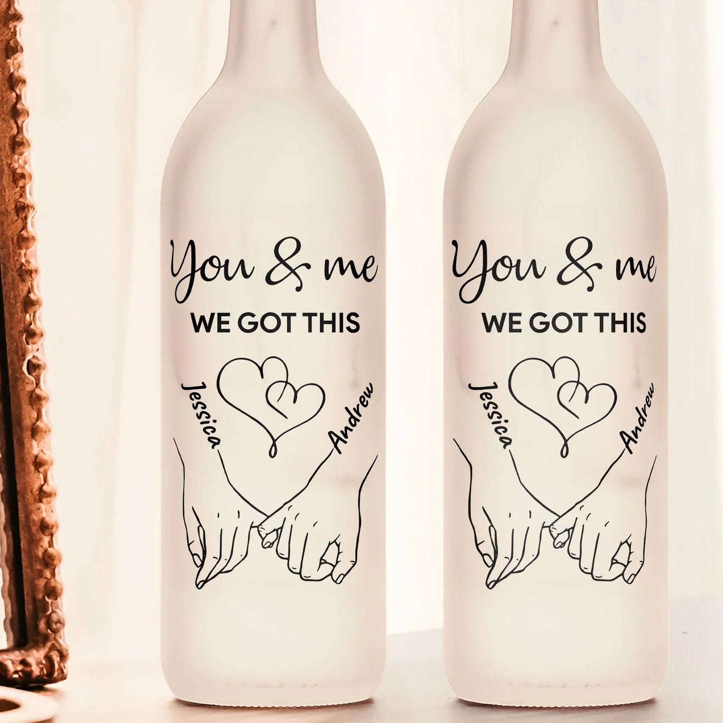 Personalized You & Me Bottle Lamp with Hand-Holding Line Art for Bedroom Decor Warm Glow Unique Gift for Couples