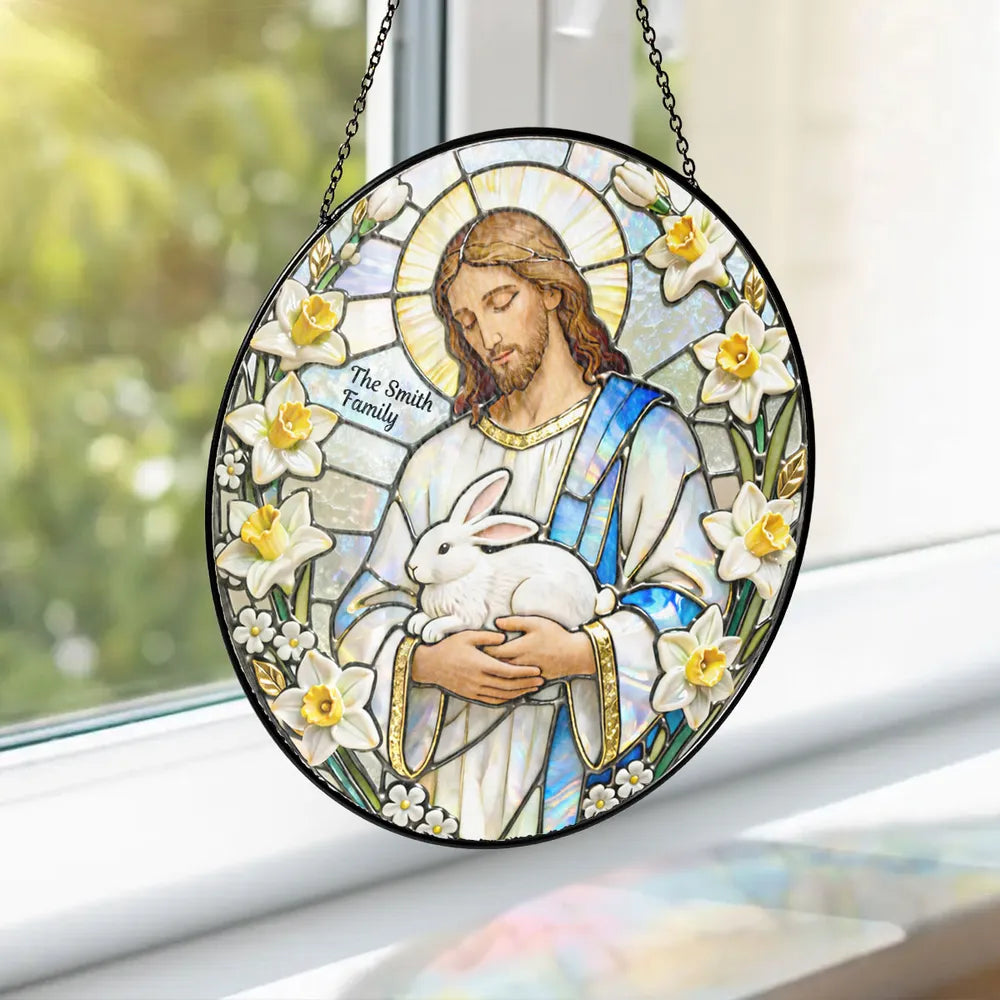 Personalized Jesus With Bunny Glass Suncatcher Ornament for Easter Window Display, Bright Colorful Light, Unique Religious Gift