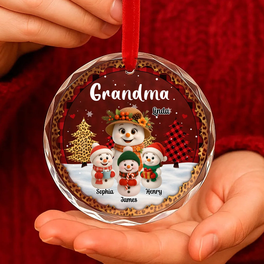 Personalized Crystal Ornament for Grandma with Cute Snowman Grandkid Scene, Festive Holiday Decor & Unique Gift