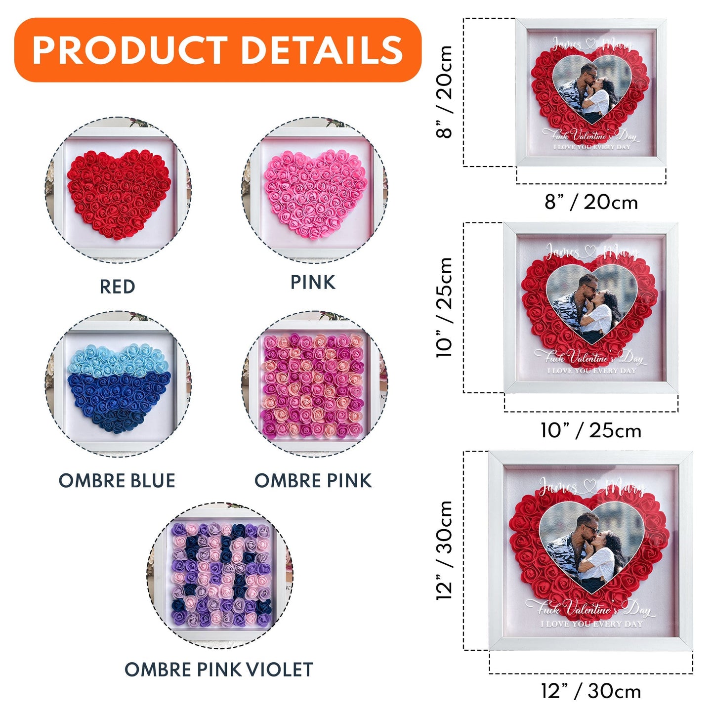 Personalized Flower Shadow Box with Heart Photo for Kissing Couple Romantic Home Display Unique Gift for Wife or Husband