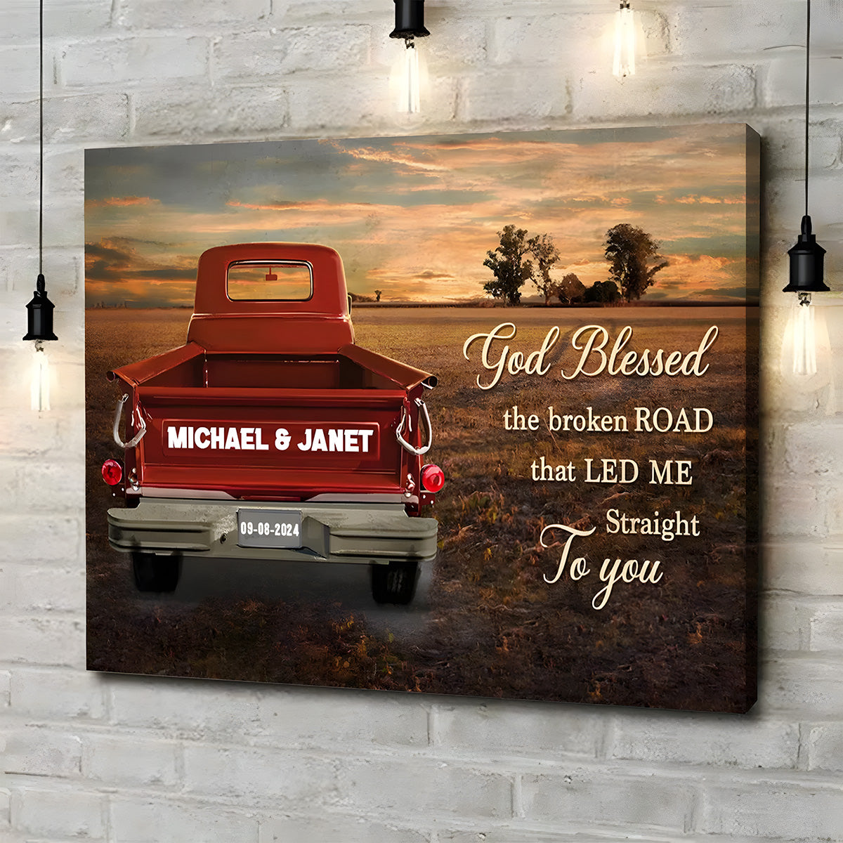 Vintage Truck Poster - 'God Blessed the Broken Road' Forest Art, Personalized Gift for Couples, Wedding or Anniversary