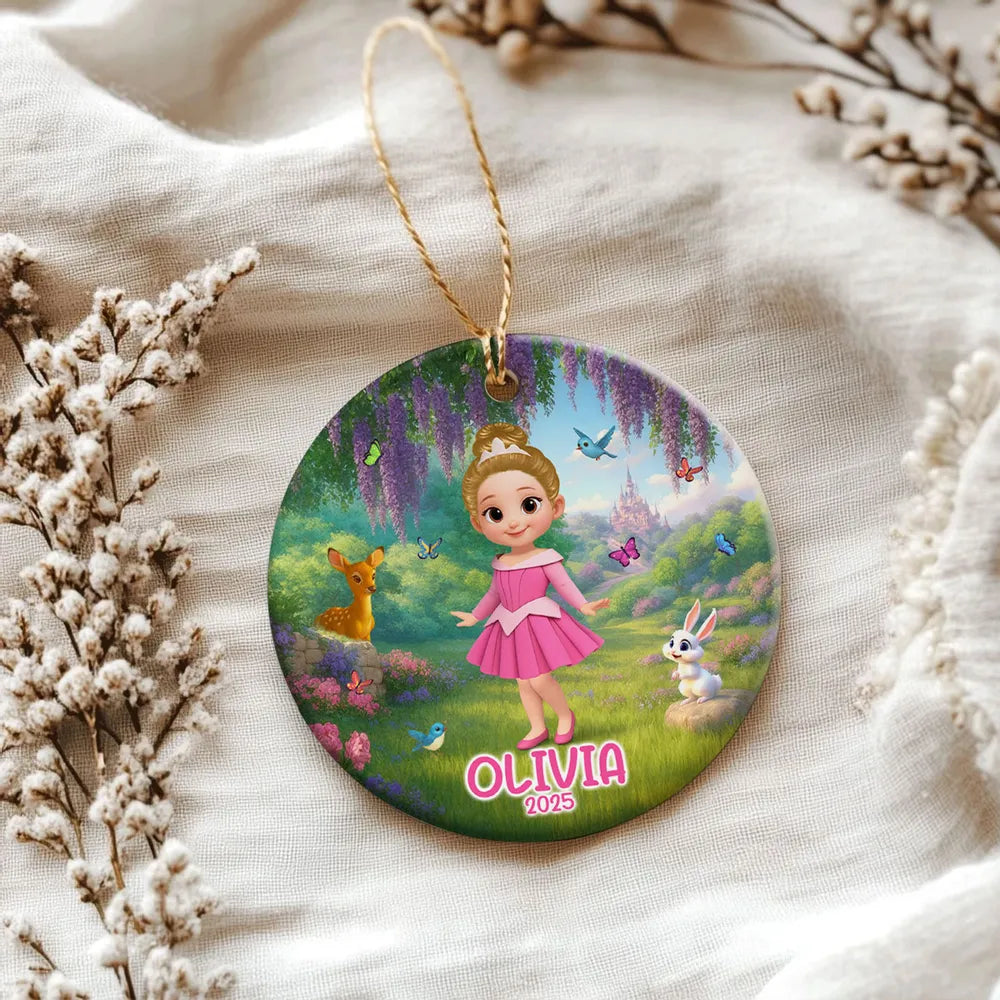 Ceramic Ornament with Princess Fairytale Design, Enchanted Forest Scene with Animals, Heartwarming Keepsake and Perfect Gift for Children