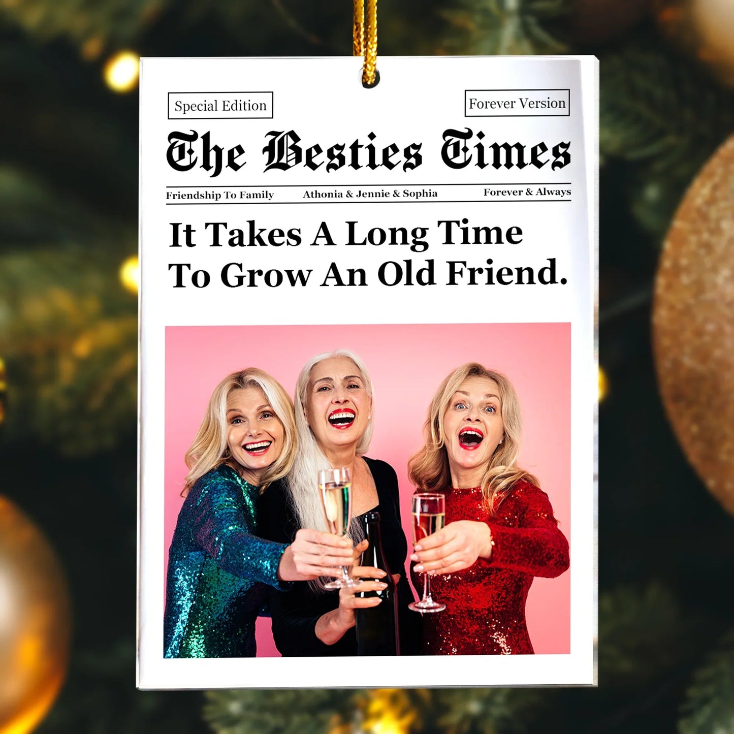 Personalized Acrylic Ornament for Best Friends – Newspaper Style Photo Acrylic Ornament, Unique Christmas Gift with Heartwarming Quote