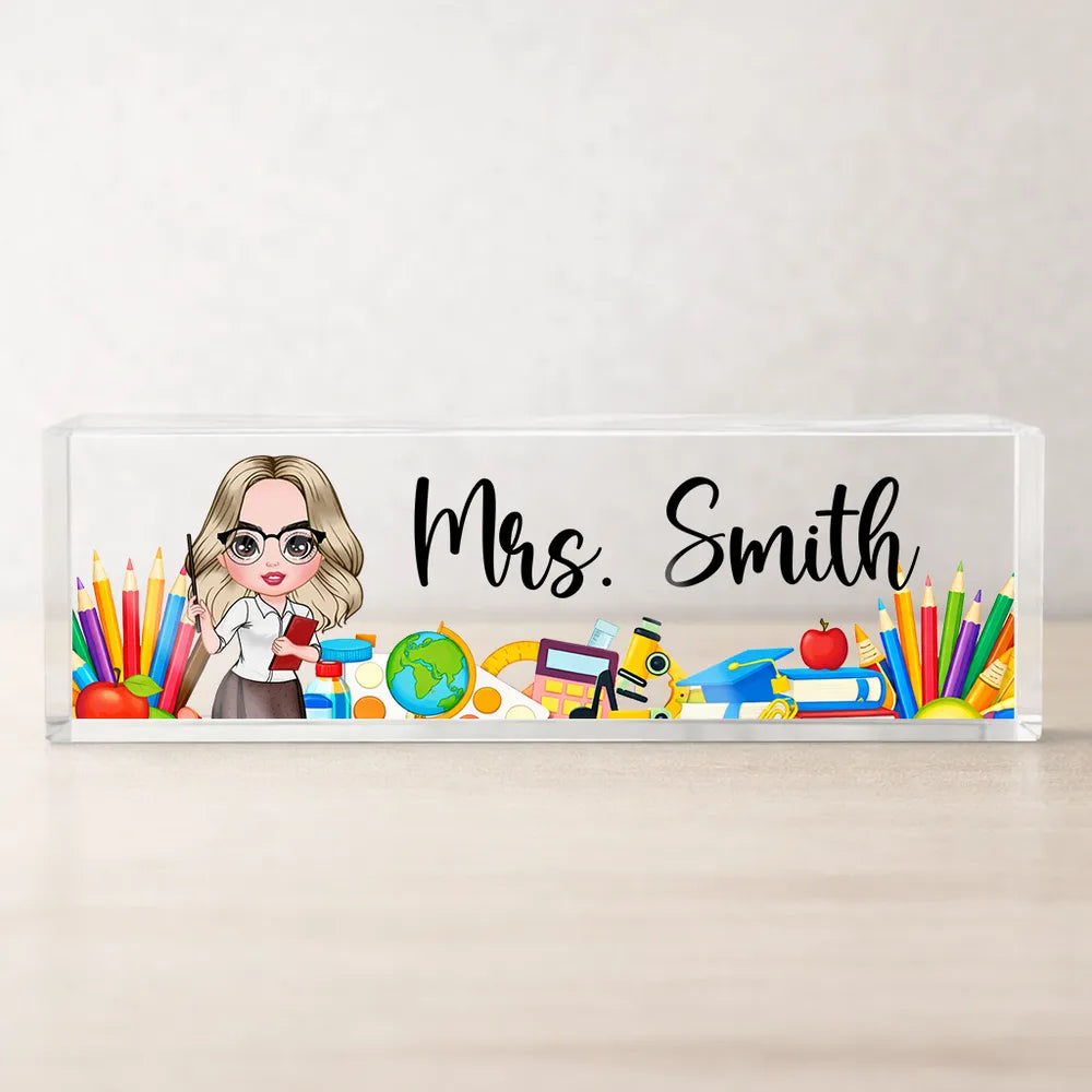 Rectangle Acrylic Block Plaque Personalized for a Teacher, Cute Classroom Desk Decor with Pencils and Books, Thoughtful Gift