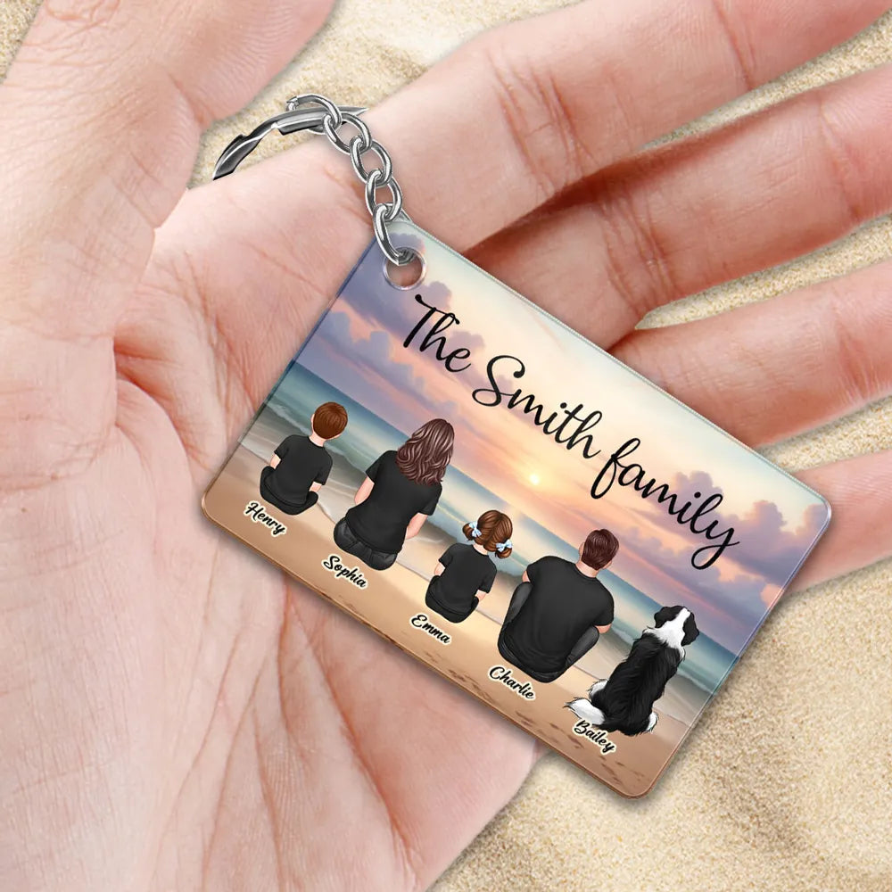 Beach Landscape Family Sitting Back View - Personalized Keychain or Poster or Plaque or Car Hanger or Pillow or Wallet card- Ideal Gift for Loved Ones