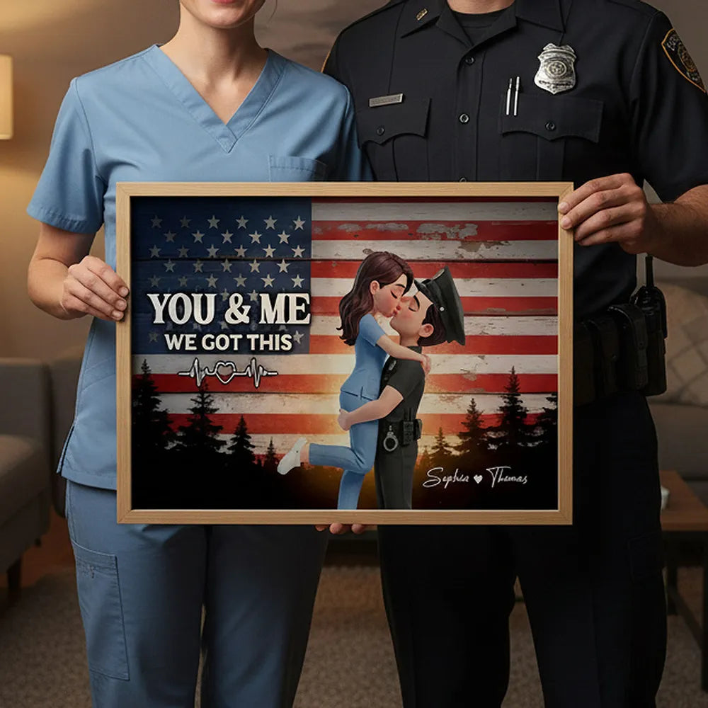 Personalized Poster of a Kissing Hero Couple on American Flag Background - Unique Gift for Couples to Say You & Me We Got This