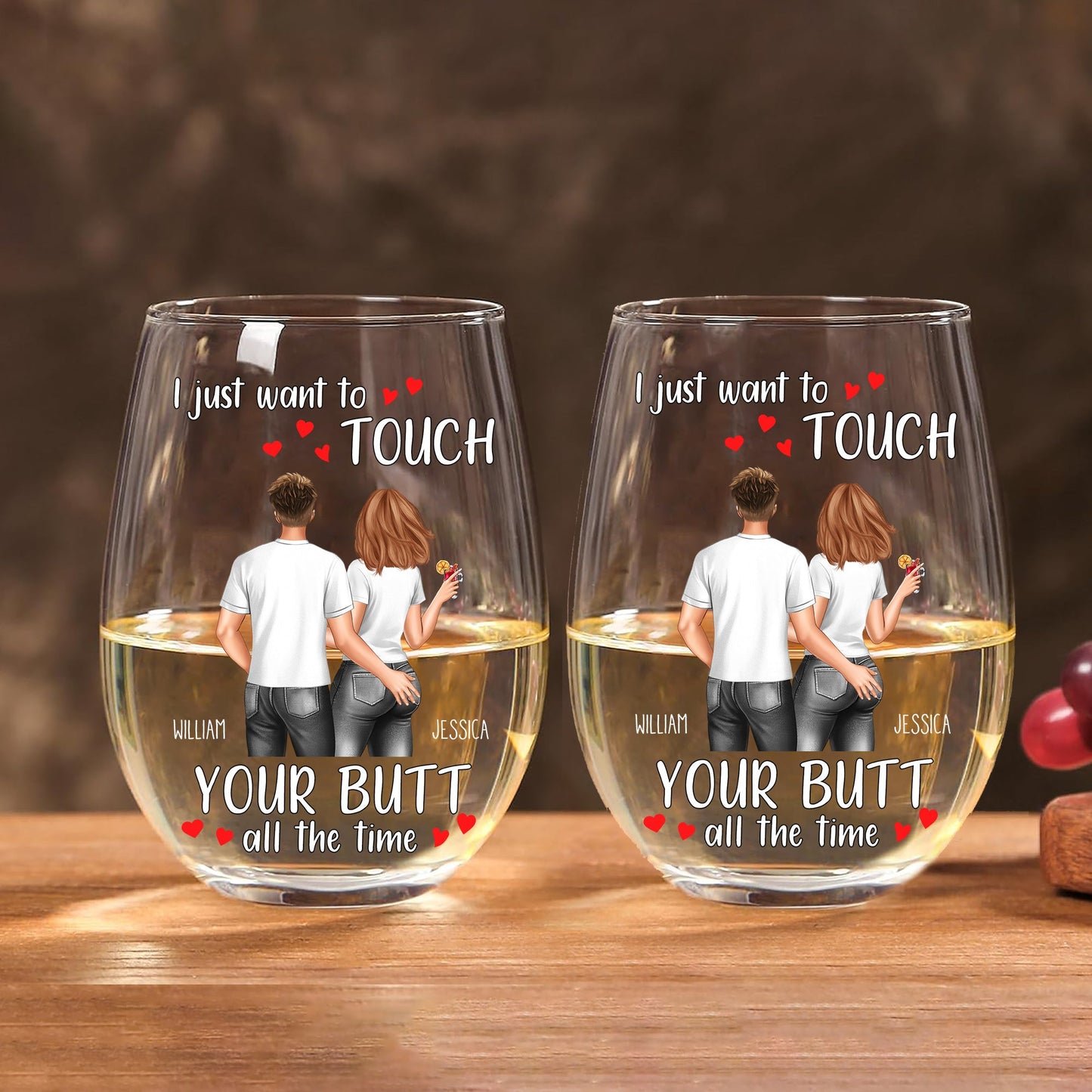 Personalized Valentine's Day Wine Glass - "I Just Want to Touch Your Butt" Funny Gift for Couples