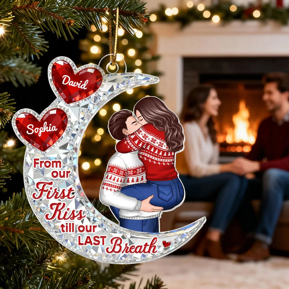 Custom Acrylic Ornament with Crescent Moon and Embracing Couple, Heartfelt From Our First Kiss Quote, Special Anniversary or Holiday Gift