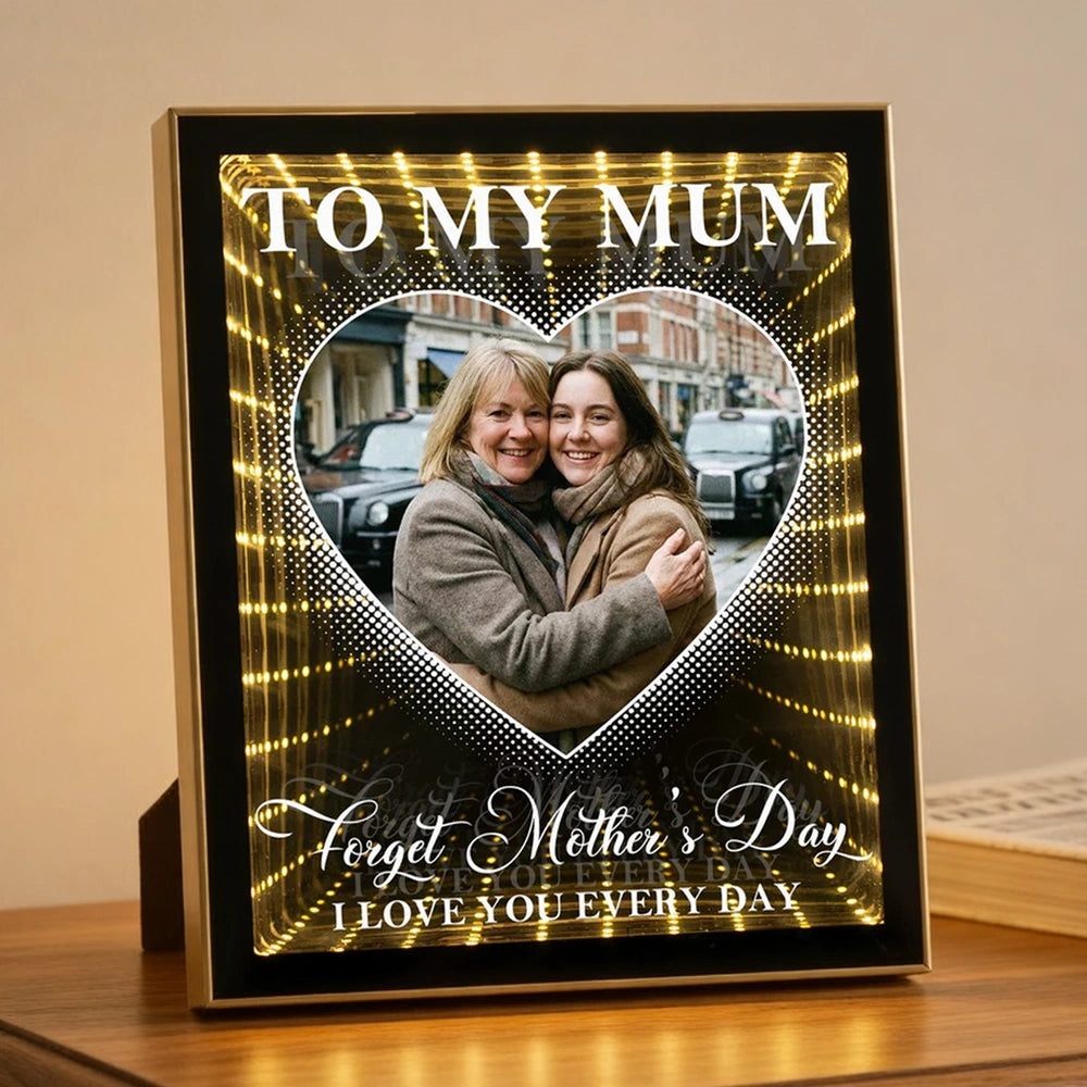 Infinity Mirror Light Box for Mom - Heart Photo Tunnel Glow, Warm Golden Lights, Unique Mother's Day Gift