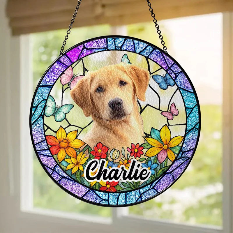 Custom Pet Suncatcher Ornament – Personalized Dog Photo Gift with Floral and Stained Glass Design