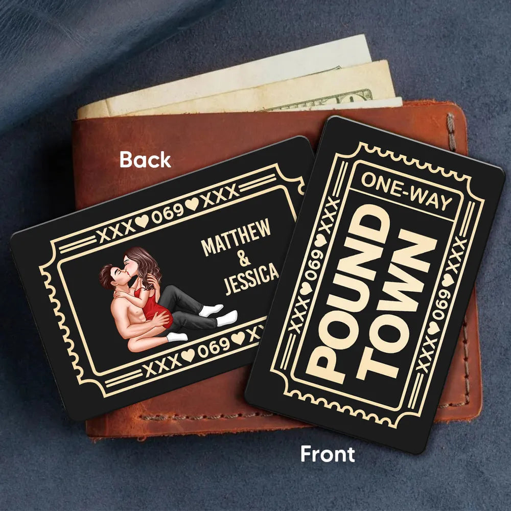 Personalized Pound Town Ticket Metal Wallet Card, Funny Couple Gift for Boyfriend or Husband, Slim Modern Keepsake
