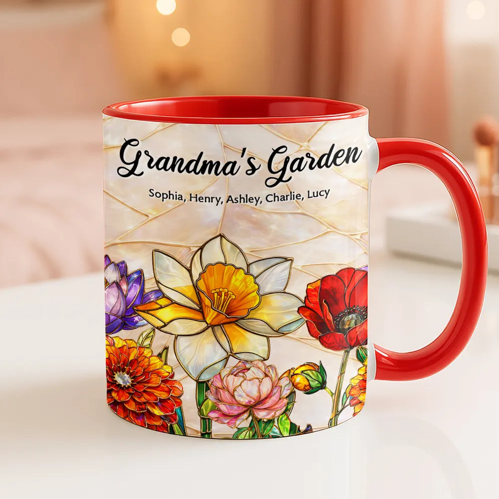 Personalized Grandma's Garden Stained Glass Style Mug, Floral Keepsake for a Unique Gift for Grandma or Mom