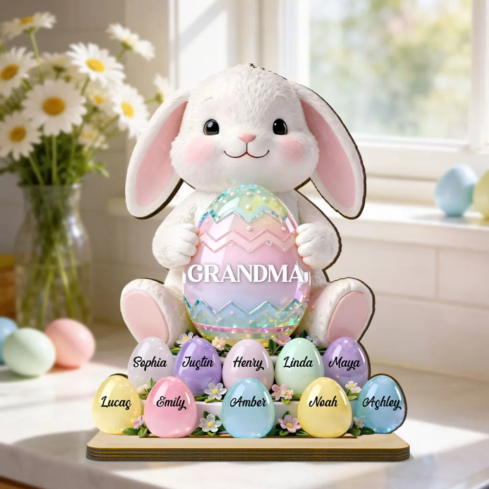 2-Layer Wooden Plaque Personalized for Grandma - Cute Bunny with Pastel Eggs Easter Decor, Heartwarming Custom Gift