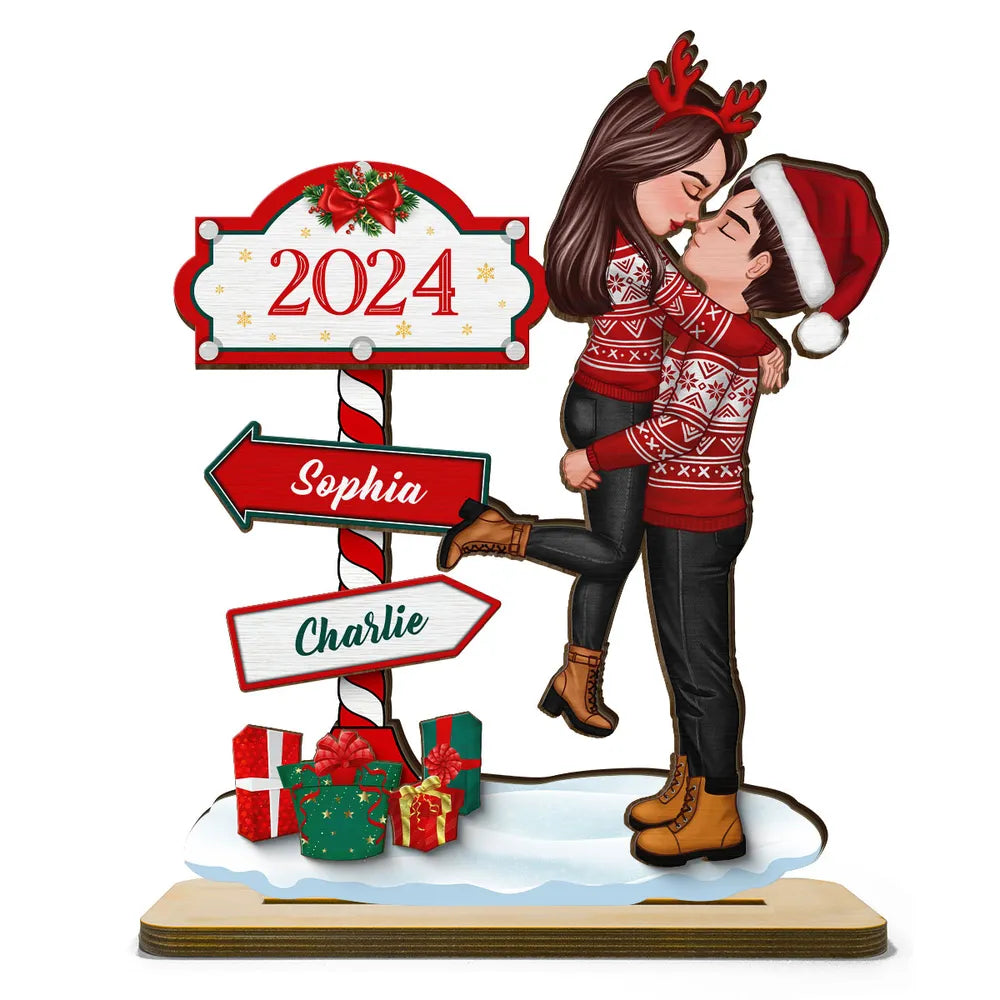 Couple Hugging Kissing North Pole Sign, Custom 2-Layer Wooden Plaque or Ornament or Poster or Keychain, Gift for Christmas Decor
