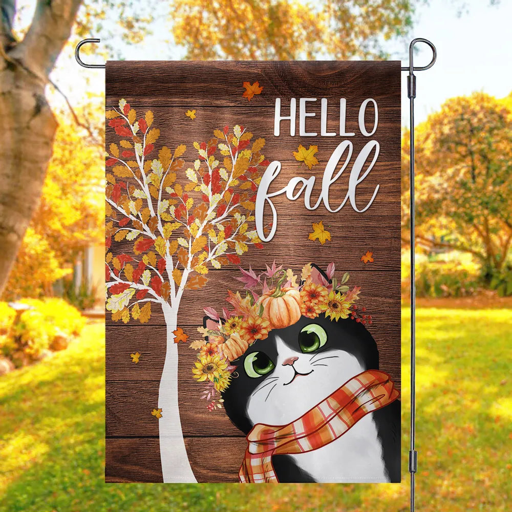 Fall Garden Flag, Cute Cats with Pumpkin Floral Crown and Cozy Autumn Vibes for Outdoor Decoration