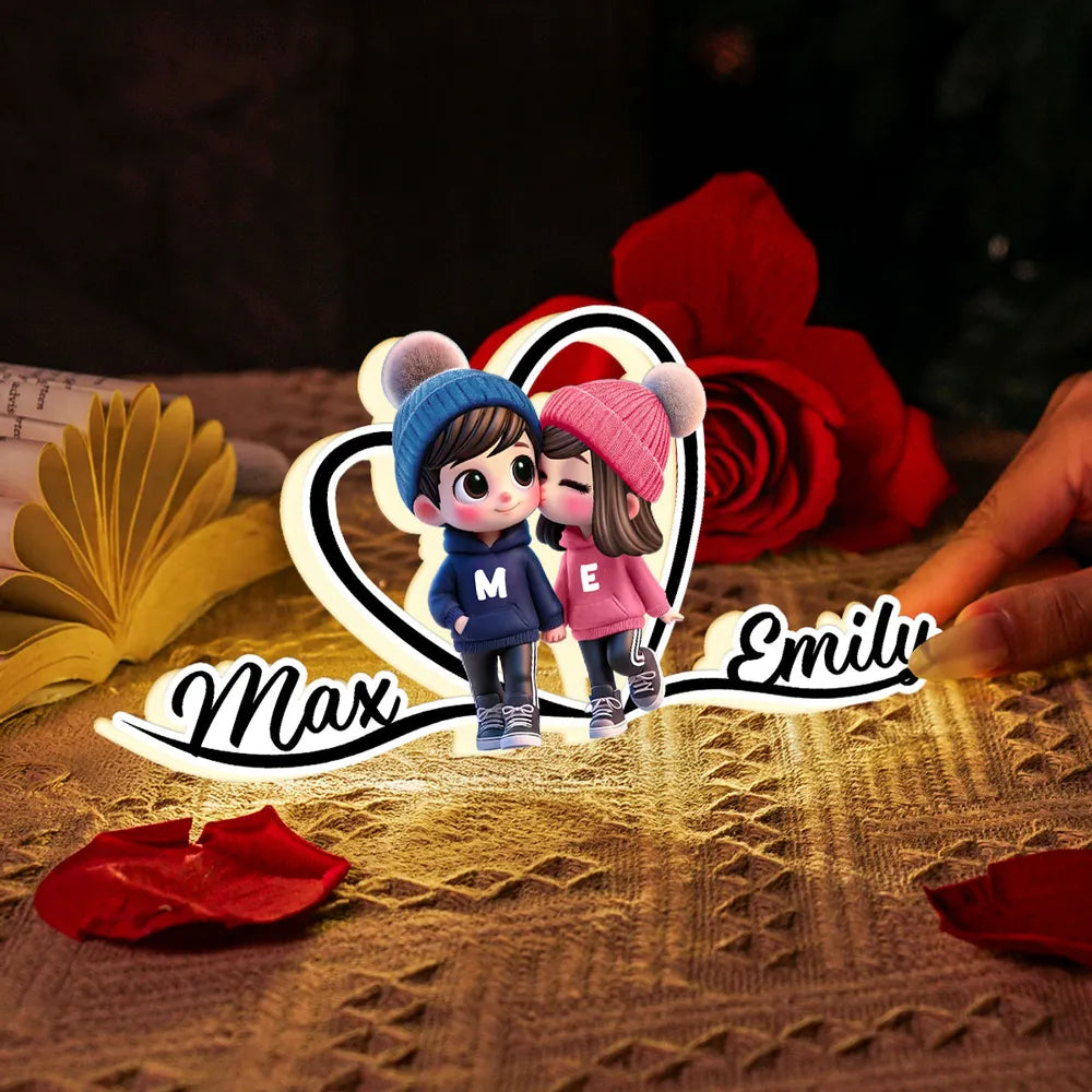 Personalized Cartoon Couple Kissing Heart Acrylic Light Box, Cozy Warm Glow Bedroom Decor, Unique Gift for Him or Her