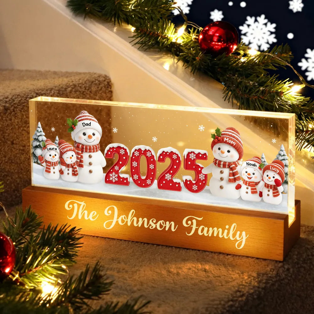Family Snowman Block LED Light Plaque, Personalized Acrylic Night Light for Christmas, Warm Glow Decor, Unique Gift for Husband or Wife