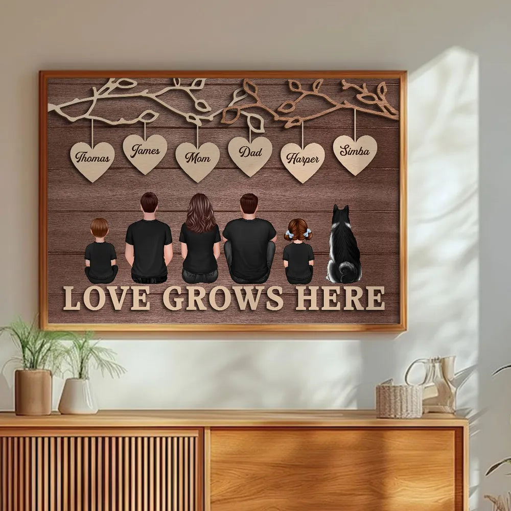 Personalized Family Tree Poster with Heart Name Tags, Rustic Wood Look Wall Art, Unique Gift for Mom Dad & Family