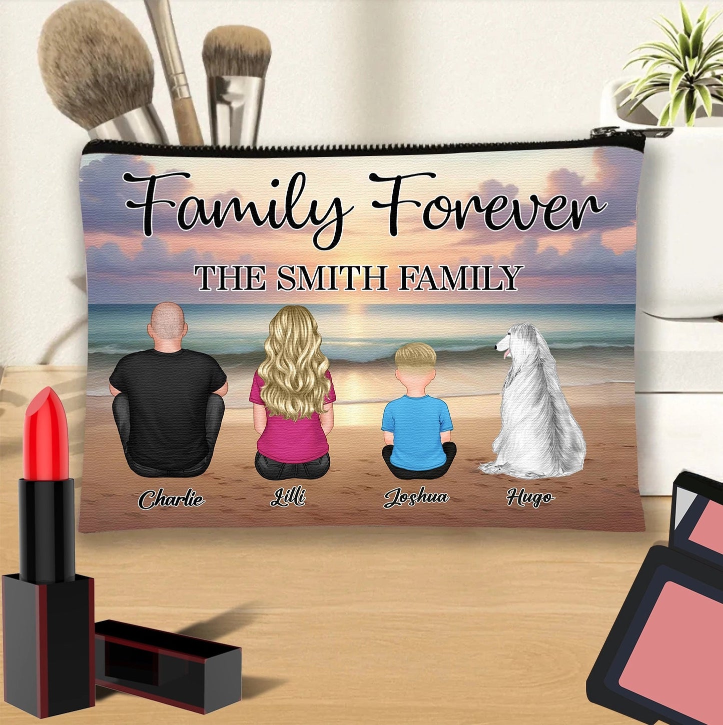Family Forever Beach Design - Personalized Cotton Tote Bag, Wooden Carhanger, LED Plaque, Keychain, Poster, Wallet Card, and Pillow, Unique Gift