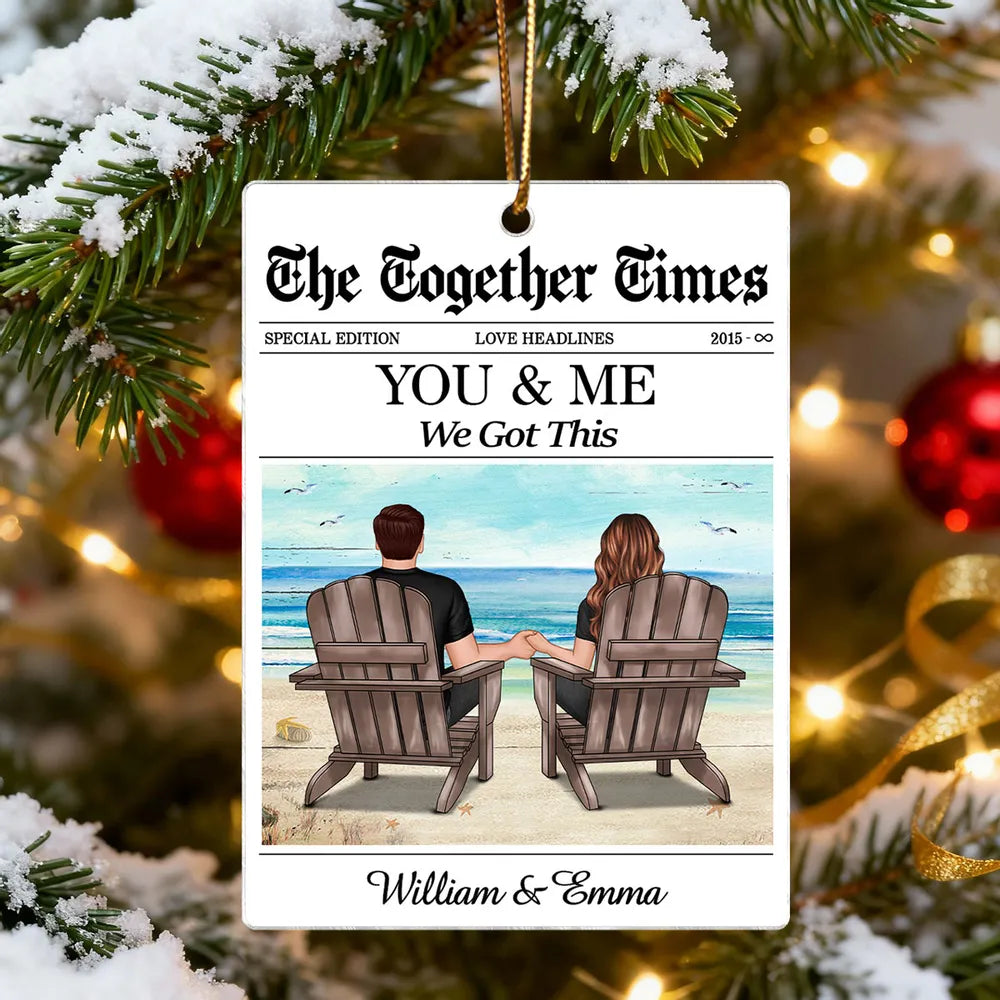 Couples Beach Newspaper-Style Acrylic Ornament – Romantic Custom Keepsake, Perfect Gift for Christmas or Anniversary