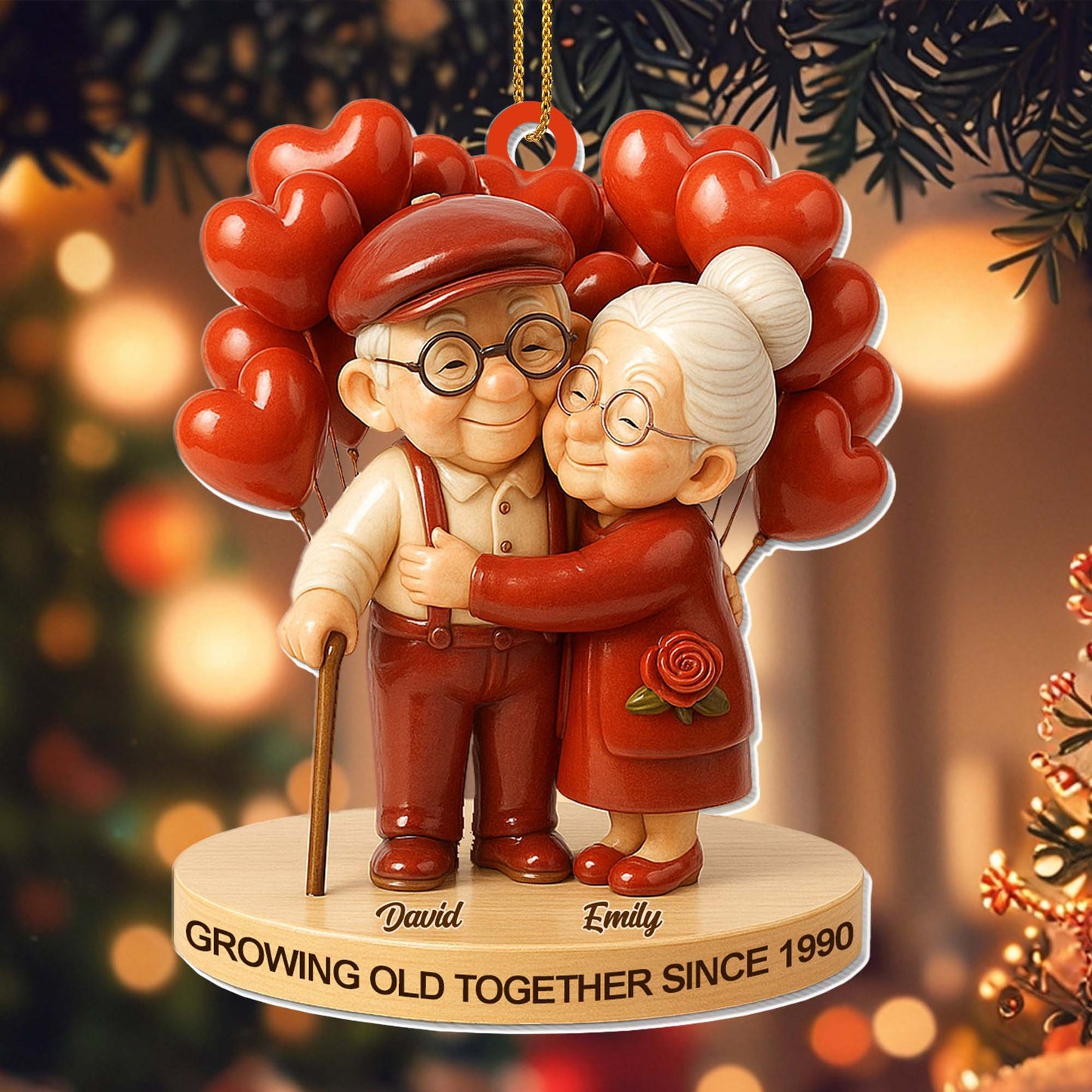Personalized Acrylic Ornament Cute Elderly Couple Hugging With Heart Balloons Holiday Decor Unique Gift For Couples