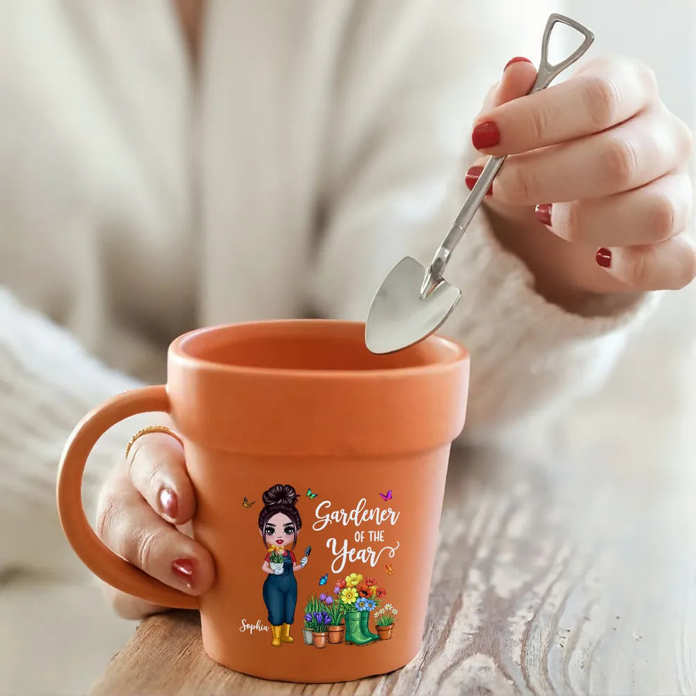 “Gardener of the Year” Personalized Plant-Pot Mug with Shovel Spoon – Fun Gift for Green-Thumb Moms, Wives & Grandmas