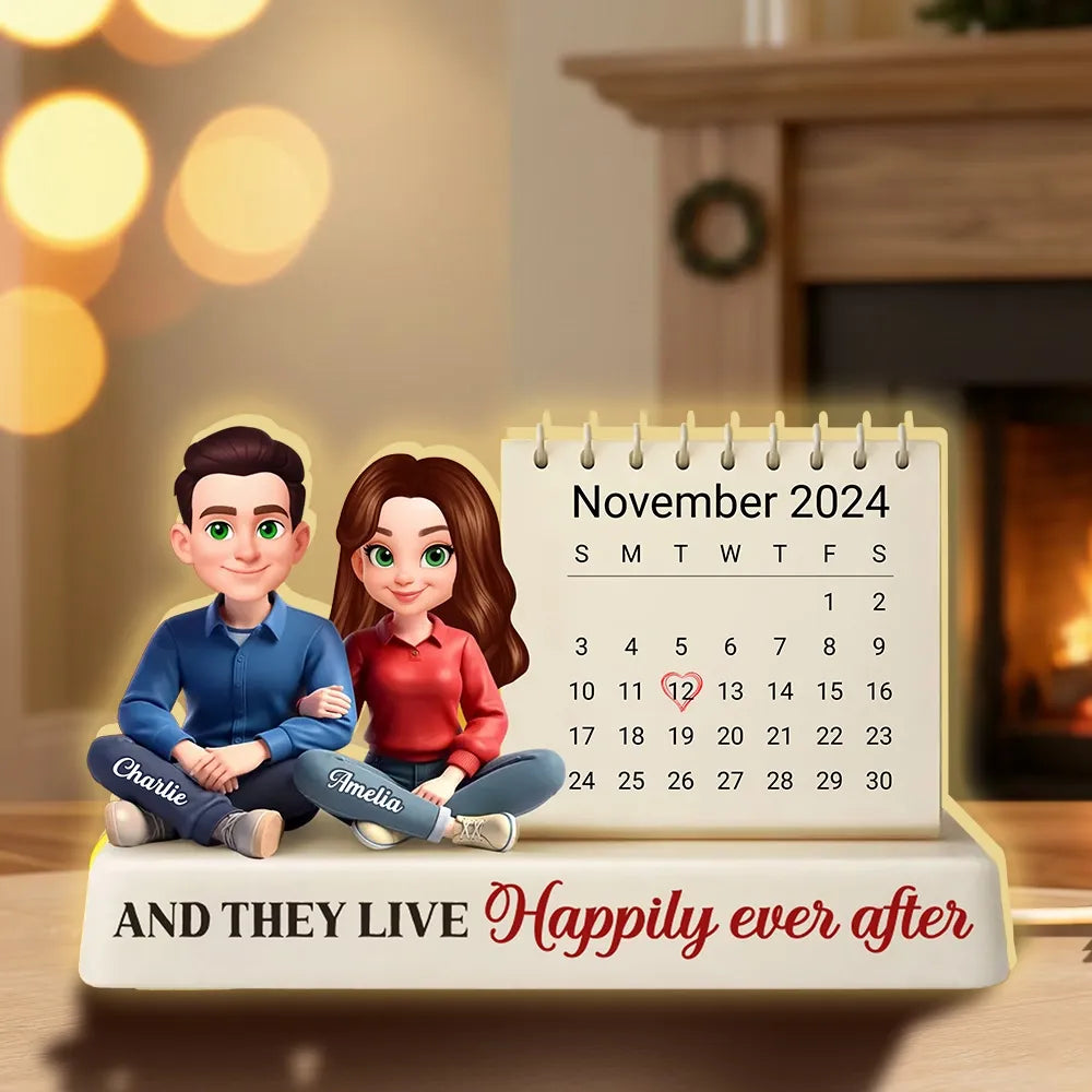 Personalized Acrylic Light Box Calendar With Cute Couple Illustration For Bedroom Decor, Warm Glow Unique Gift For Couples