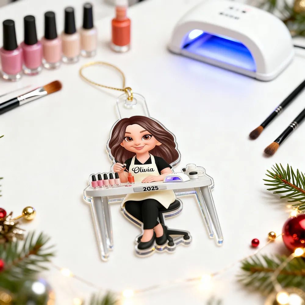 Personalized Acrylic Nail Tech Ornament, Cute Manicurist Desk Scene Keepsake Gift for Beauty Lovers
