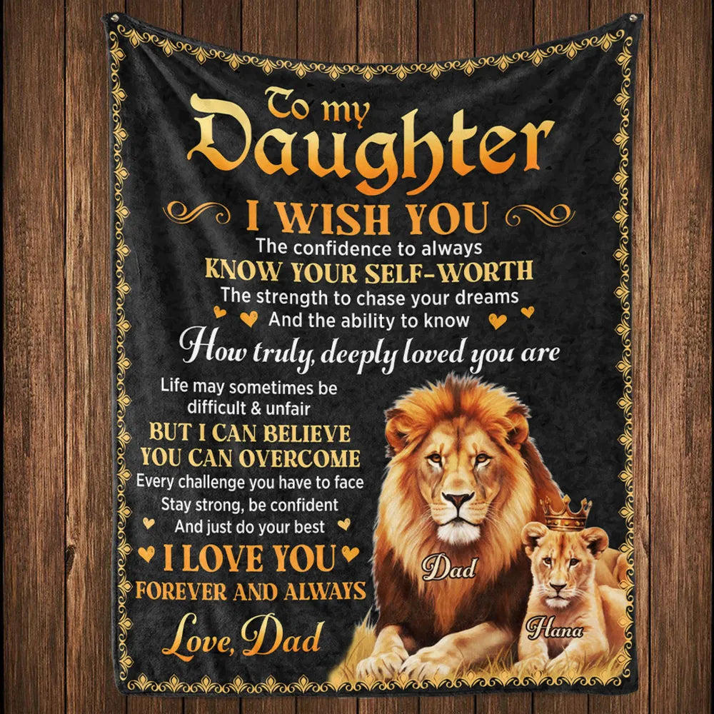 Fleece Blanket With To My Daughter Inspirational Quote and Lion Design, Personalized Unique Gift From Dad, Warm Decor