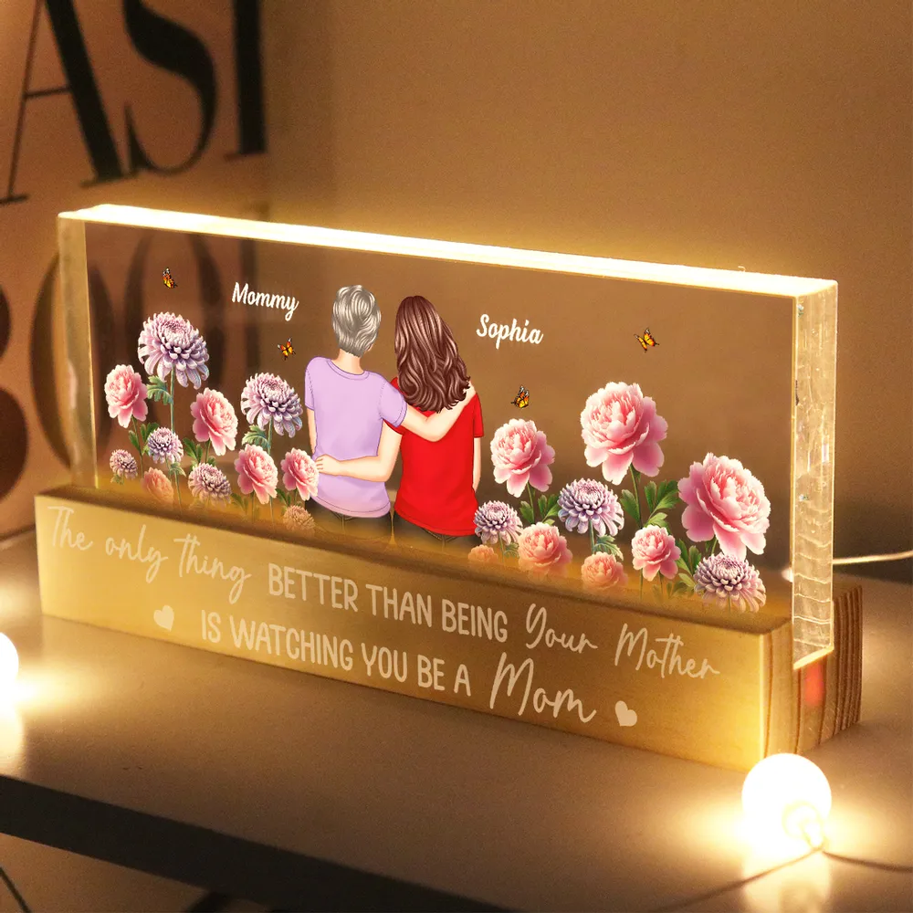 Personalized Block LED Light Plaque Mom and Daughter Hugging Floral Night Light, Unique Gift for Mom or Daughter