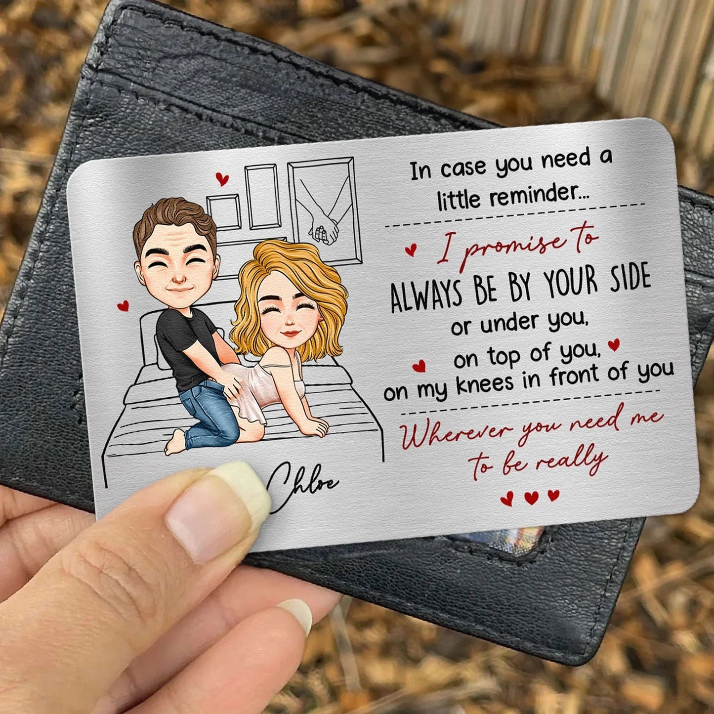 Personalized Metal Wallet Card with Funny Love Promise, Cute Couple Illustration, Unique Gift for Husband or Boyfriend